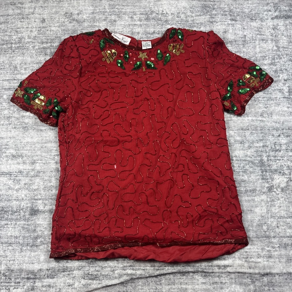 VTG Laurence Kazar Silk Sequin Top Red Green Gold Christmas Holiday Shirt Large